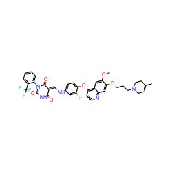 COc1cc2c(Oc3ccc(N/C=C4\C(=O)NC(=O)N(c5ccccc5C(F)(F)F)C4=O)cc3F)ccnc2cc1OCCCN1CCC(C)CC1 ZINC000150604974