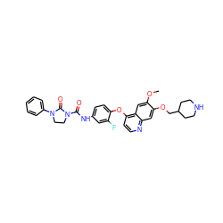 COc1cc2c(Oc3ccc(NC(=O)N4CCN(c5ccccc5)C4=O)cc3F)ccnc2cc1OCC1CCNCC1 ZINC000049722841