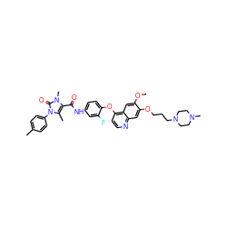 COc1cc2c(Oc3ccc(NC(=O)c4c(C)n(-c5ccc(C)cc5)c(=O)n4C)cc3F)ccnc2cc1OCCCN1CCN(C)CC1 ZINC000474609315