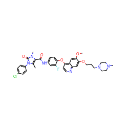 COc1cc2c(Oc3ccc(NC(=O)c4c(C)n(-c5ccc(Cl)cc5)c(=O)n4C)cc3F)ccnc2cc1OCCCN1CCN(C)CC1 ZINC000474609770