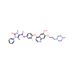 COc1cc2c(Oc3ccc(NC(=O)c4c(C)n(-c5ccccc5)c(=O)n4C)cc3F)ccnc2cc1OCCCN1CCN(C)CC1 ZINC000474604611