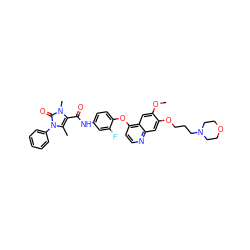 COc1cc2c(Oc3ccc(NC(=O)c4c(C)n(-c5ccccc5)c(=O)n4C)cc3F)ccnc2cc1OCCCN1CCOCC1 ZINC000474603785