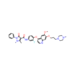 COc1cc2c(Oc3ccc(NC(=O)c4c(C)n(C)n(-c5ccccc5)c4=O)cc3F)ccnc2cc1OCCCN1CCN(C)CC1 ZINC000169344648