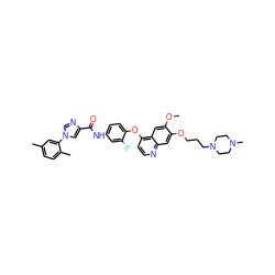 COc1cc2c(Oc3ccc(NC(=O)c4cn(-c5cc(C)ccc5C)cn4)cc3F)ccnc2cc1OCCCN1CCN(C)CC1 ZINC001772639787