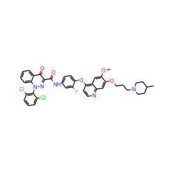 COc1cc2c(Oc3ccc(NC(=O)c4nn(-c5c(Cl)cccc5Cl)c5ccccc5c4=O)cc3F)ccnc2cc1OCCCN1CCC(C)CC1 ZINC000096270746