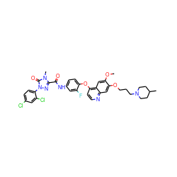 COc1cc2c(Oc3ccc(NC(=O)c4nn(-c5ccc(Cl)cc5Cl)c(=O)n4C)cc3F)ccnc2cc1OCCCN1CCC(C)CC1 ZINC001772655889