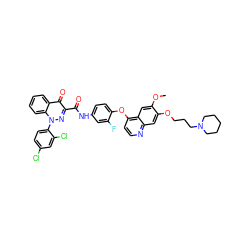 COc1cc2c(Oc3ccc(NC(=O)c4nn(-c5ccc(Cl)cc5Cl)c5ccccc5c4=O)cc3F)ccnc2cc1OCCCN1CCCCC1 ZINC000096270743