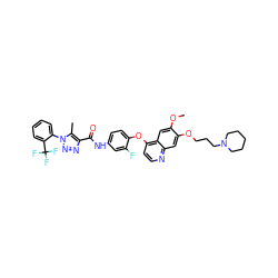 COc1cc2c(Oc3ccc(NC(=O)c4nnn(-c5ccccc5C(F)(F)F)c4C)cc3F)ccnc2cc1OCCCN1CCCCC1 ZINC000222195486