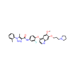 COc1cc2c(Oc3ccc(NC(=O)c4nnn(-c5ccccc5C)c4C)cc3F)ccnc2cc1OCCCN1CCCC1 ZINC000299837557