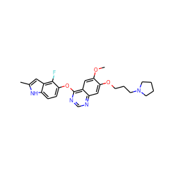 COc1cc2c(Oc3ccc4[nH]c(C)cc4c3F)ncnc2cc1OCCCN1CCCC1 ZINC000003948085