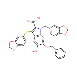 COc1cc2c(Sc3ccc4c(c3)OCO4)c(C(=O)O)n(Cc3ccc4c(c3)OCO4)c2cc1OCc1ccccc1 ZINC000028769202