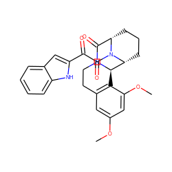 COc1cc2c(c(OC)c1)[C@@H]1[C@H]3CCC[C@@H](C(=O)N1CC2)N3C(=O)C(=O)c1cc2ccccc2[nH]1 ZINC000035921925