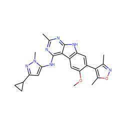 COc1cc2c(cc1-c1c(C)noc1C)[nH]c1nc(C)nc(Nc3cc(C4CC4)nn3C)c12 ZINC001772572789