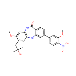 COc1cc2c(cc1CC(C)(C)O)Nc1cc(-c3ccc([N+](=O)[O-])c(OC)c3)ccc1C(=O)N2 ZINC000029125794