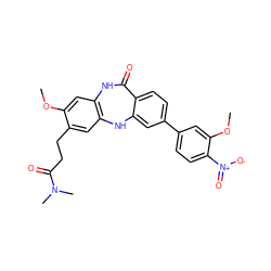 COc1cc2c(cc1CCC(=O)N(C)C)Nc1cc(-c3ccc([N+](=O)[O-])c(OC)c3)ccc1C(=O)N2 ZINC000029125795