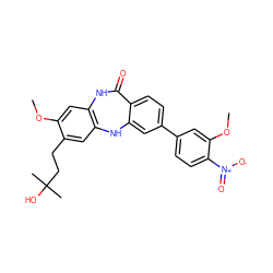 COc1cc2c(cc1CCC(C)(C)O)Nc1cc(-c3ccc([N+](=O)[O-])c(OC)c3)ccc1C(=O)N2 ZINC000029125903