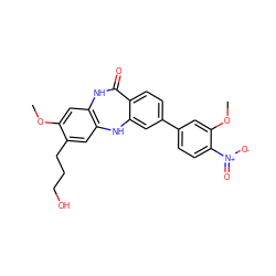 COc1cc2c(cc1CCCO)Nc1cc(-c3ccc([N+](=O)[O-])c(OC)c3)ccc1C(=O)N2 ZINC000029125949