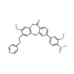 COc1cc2c(cc1CCc1ccncc1)Nc1cc(-c3ccc([N+](=O)[O-])c(OC)c3)ccc1C(=O)N2 ZINC000029125951