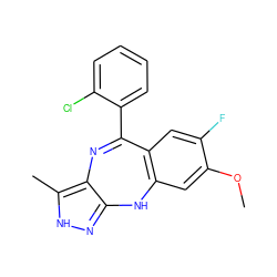 COc1cc2c(cc1F)C(c1ccccc1Cl)=Nc1c(n[nH]c1C)N2 ZINC000035930738