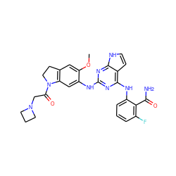 COc1cc2c(cc1Nc1nc(Nc3cccc(F)c3C(N)=O)c3cc[nH]c3n1)N(C(=O)CN1CCC1)CC2 ZINC000044404720