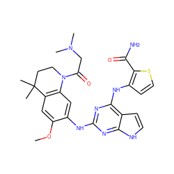 COc1cc2c(cc1Nc1nc(Nc3ccsc3C(N)=O)c3cc[nH]c3n1)N(C(=O)CN(C)C)CCC2(C)C ZINC000044386931