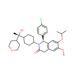 COc1cc2c(cc1OC(C)C)[C@H](c1ccc(Cl)cc1)N(C1CCC([C@@](C)(O)C3CCOCC3)CC1)C(=O)C2 ZINC000169708301