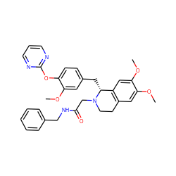 COc1cc2c(cc1OC)[C@@H](Cc1ccc(Oc3ncccn3)c(OC)c1)N(CC(=O)NCc1ccccc1)CC2 ZINC000044307942