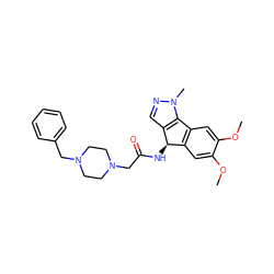 COc1cc2c(cc1OC)[C@@H](NC(=O)CN1CCN(Cc3ccccc3)CC1)c1cnn(C)c1-2 ZINC000103300460