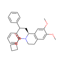 COc1cc2c(cc1OC)[C@H](CC(c1ccccc1)c1ccccc1)N(C(=O)C1CCC1)CC2 ZINC000028394037