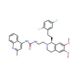 COc1cc2c(cc1OC)[C@H](CCc1cc(F)ccc1F)N(CCNC(=O)Nc1cc(C)nc3ccccc13)CC2 ZINC000052956353