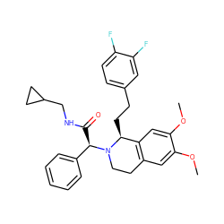 COc1cc2c(cc1OC)[C@H](CCc1ccc(F)c(F)c1)N([C@H](C(=O)NCC1CC1)c1ccccc1)CC2 ZINC000040847229