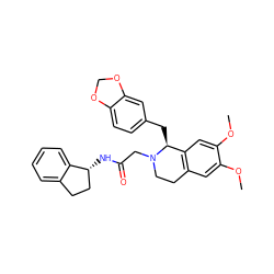 COc1cc2c(cc1OC)[C@H](Cc1ccc3c(c1)OCO3)N(CC(=O)N[C@@H]1CCc3ccccc31)CC2 ZINC000040950436