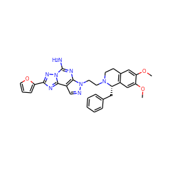 COc1cc2c(cc1OC)[C@H](Cc1ccccc1)N(CCn1ncc3c1nc(N)n1nc(-c4ccco4)nc31)CC2 ZINC000042851532