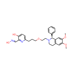 COc1cc2c(cc1OC)[C@H](c1ccccc1)N(CCOCCCc1ccc(O)c(/C=N/O)n1)CC2 ZINC000095578022