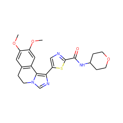 COc1cc2c(cc1OC)-c1c(-c3cnc(C(=O)NC4CCOCC4)s3)ncn1CC2 ZINC000084596431