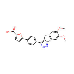 COc1cc2c(cc1OC)-c1n[nH]c(-c3ccc(-c4ccc(C(=O)O)o4)cc3)c1C2 ZINC000028954386