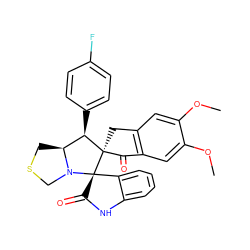 COc1cc2c(cc1OC)C(=O)[C@]1(C2)[C@H](c2ccc(F)cc2)[C@@H]2CSCN2[C@]12C(=O)Nc1ccccc12 ZINC000084564539