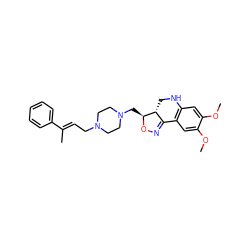 COc1cc2c(cc1OC)C1=NO[C@@H](CN3CCN(C/C=C(\C)c4ccccc4)CC3)[C@@H]1CN2 ZINC000022933259