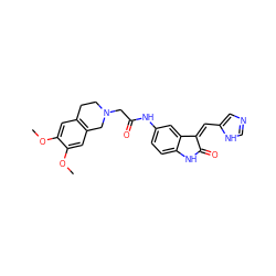 COc1cc2c(cc1OC)CN(CC(=O)Nc1ccc3c(c1)/C(=C/c1cnc[nH]1)C(=O)N3)CC2 ZINC000103242129