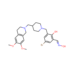 COc1cc2c(cc1OC)CN(CC1CCN(Cc3cc(Br)cc(/C=N/O)c3O)CC1)CC2 ZINC001772602548