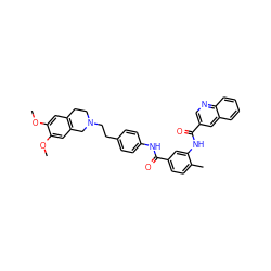 COc1cc2c(cc1OC)CN(CCc1ccc(NC(=O)c3ccc(C)c(NC(=O)c4cnc5ccccc5c4)c3)cc1)CC2 ZINC000042808369