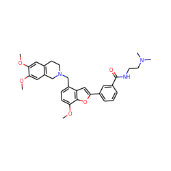 COc1cc2c(cc1OC)CN(Cc1ccc(OC)c3oc(-c4cccc(C(=O)NCCN(C)C)c4)cc13)CC2 ZINC000028878039