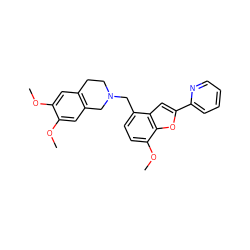 COc1cc2c(cc1OC)CN(Cc1ccc(OC)c3oc(-c4ccccn4)cc13)CC2 ZINC000028877933