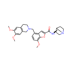 COc1cc2c(cc1OC)CN(Cc1ccc(OC)c3oc(C(=O)N[C@@H]4CN5CCC4CC5)cc13)CC2 ZINC000028878073