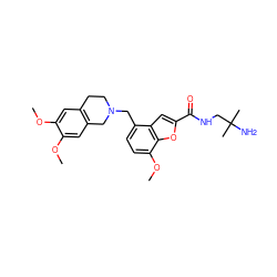 COc1cc2c(cc1OC)CN(Cc1ccc(OC)c3oc(C(=O)NCC(C)(C)N)cc13)CC2 ZINC000028878066