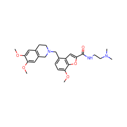 COc1cc2c(cc1OC)CN(Cc1ccc(OC)c3oc(C(=O)NCCN(C)C)cc13)CC2 ZINC000028878060