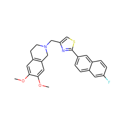 COc1cc2c(cc1OC)CN(Cc1csc(-c3ccc4cc(F)ccc4c3)n1)CC2 ZINC000095588276