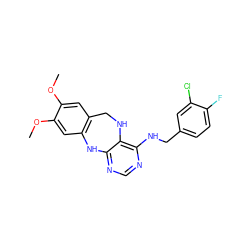 COc1cc2c(cc1OC)Nc1ncnc(NCc3ccc(F)c(Cl)c3)c1NC2 ZINC000036758615