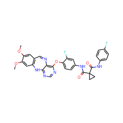 COc1cc2c(cc1OC)Nc1ncnc(Oc3ccc(NC(=O)C4(C(=O)Nc5ccc(F)cc5)CC4)cc3F)c1N=C2 ZINC000210416783