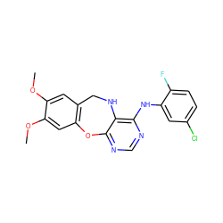 COc1cc2c(cc1OC)Oc1ncnc(Nc3cc(Cl)ccc3F)c1NC2 ZINC000038149526